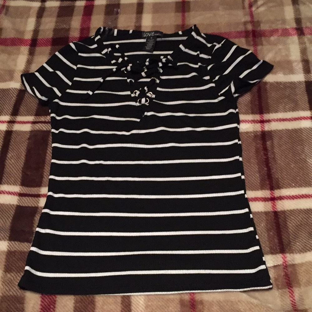 Lace front black and white striped shirt